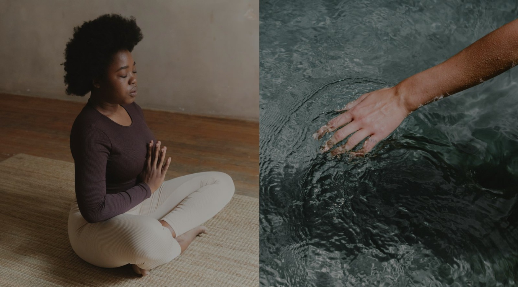 a woman doing yoga and a hand in a pool